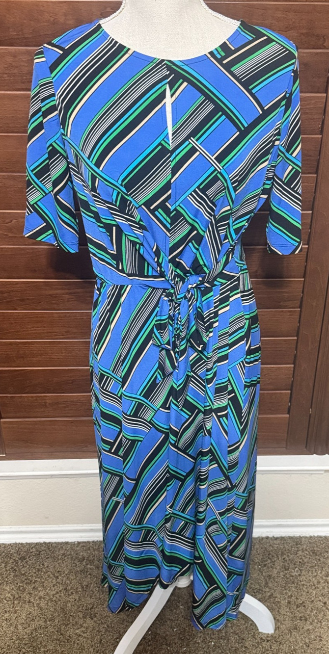 London Times Dress Midi Blue Green Black Abstract Stripes Belted sz 2 Career